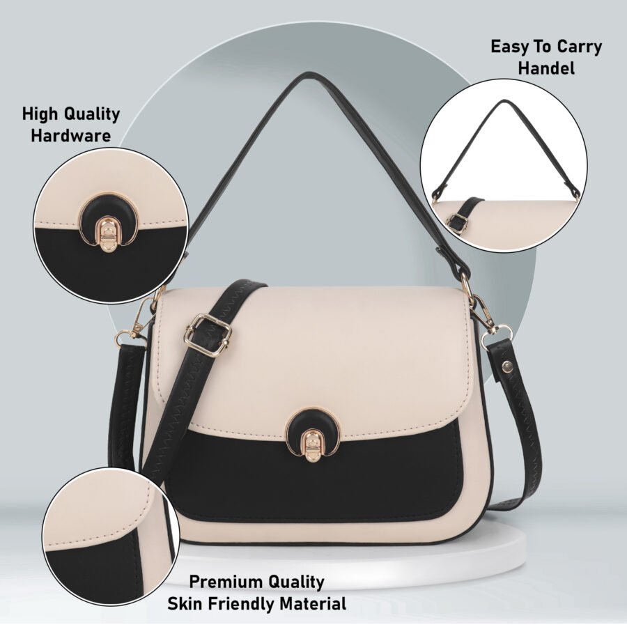 Women Colourblocked Sling Bag | Cream & Black - Image 4