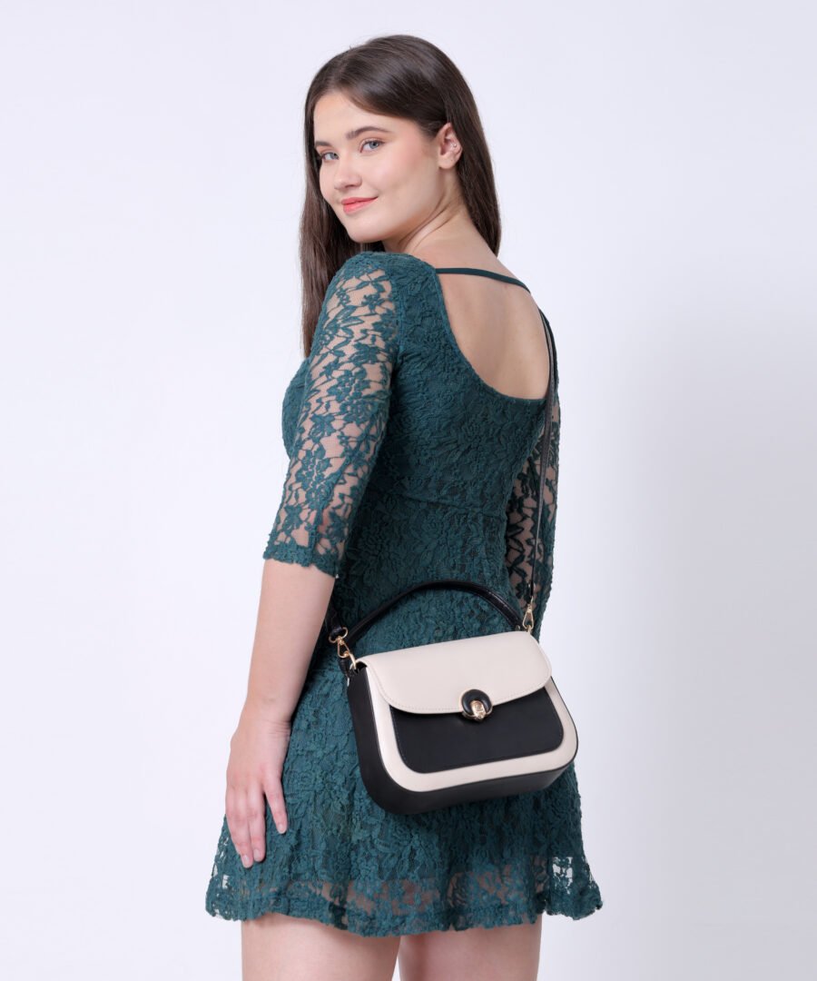 Women Colourblocked Sling Bag | Cream & Black - Image 3