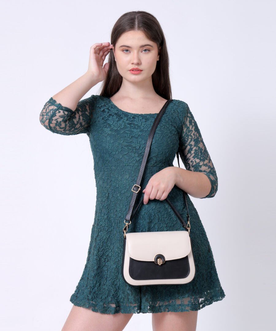 Women Colourblocked Sling Bag | Cream & Black