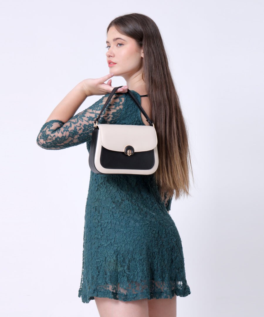 Women Colourblocked Sling Bag | Cream & Black - Image 2