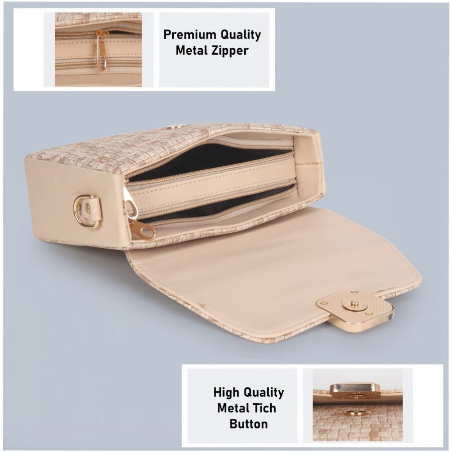 Women Checked Pattern Sling Bag | Beige - Image 4